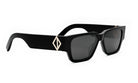 A pair of black sunglasses with a diamond-shaped logo on the frame.