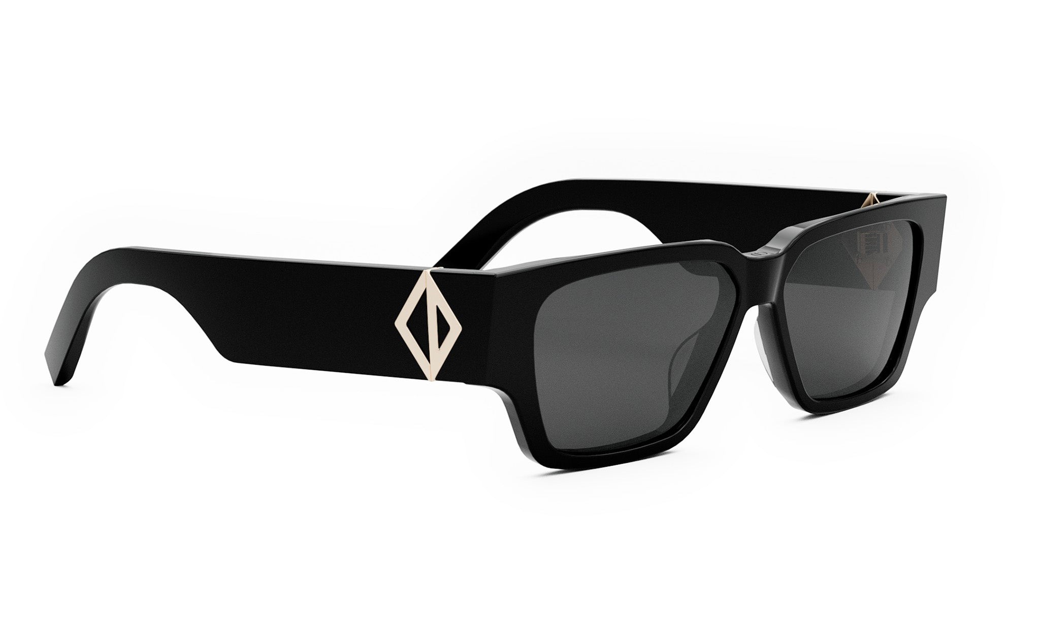 A pair of black sunglasses with a diamond-shaped logo on the frame.