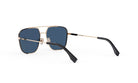 A pair of aviator sunglasses with dark blue lenses and gold-colored frames.