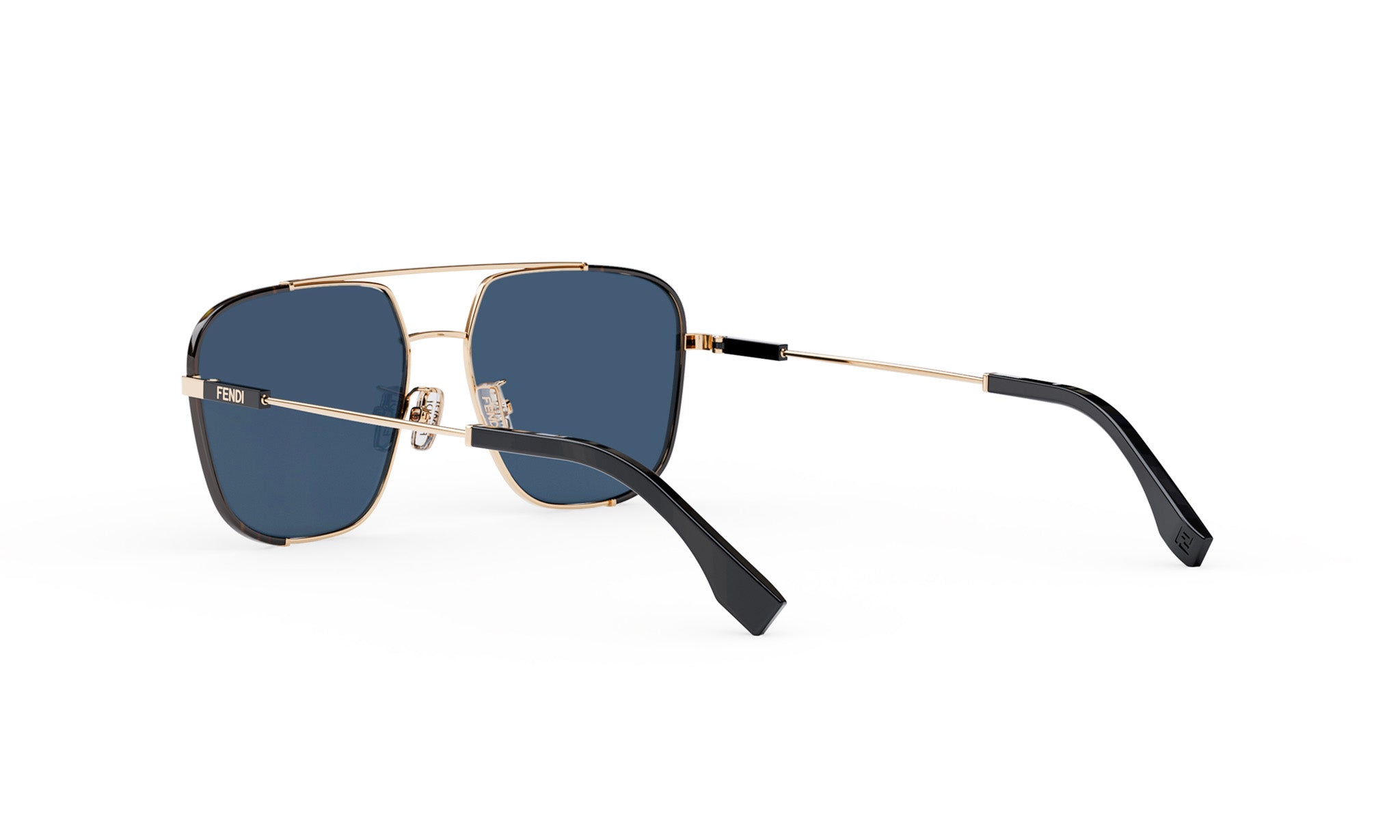 A pair of aviator sunglasses with dark blue lenses and gold-colored frames.
