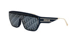 A pair of sunglasses with a distinctive Dior logo pattern on the lenses.