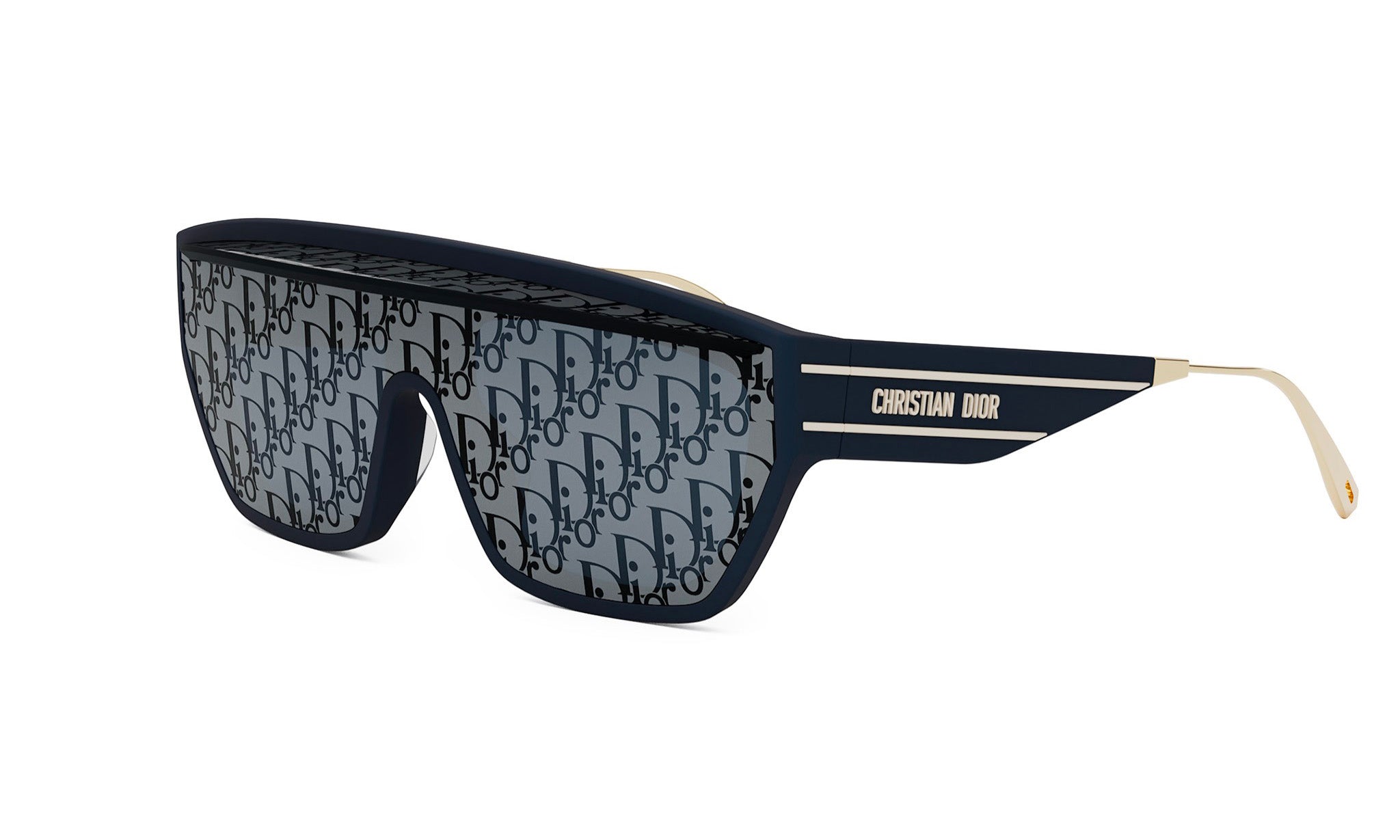 A pair of sunglasses with a distinctive Dior logo pattern on the lenses.