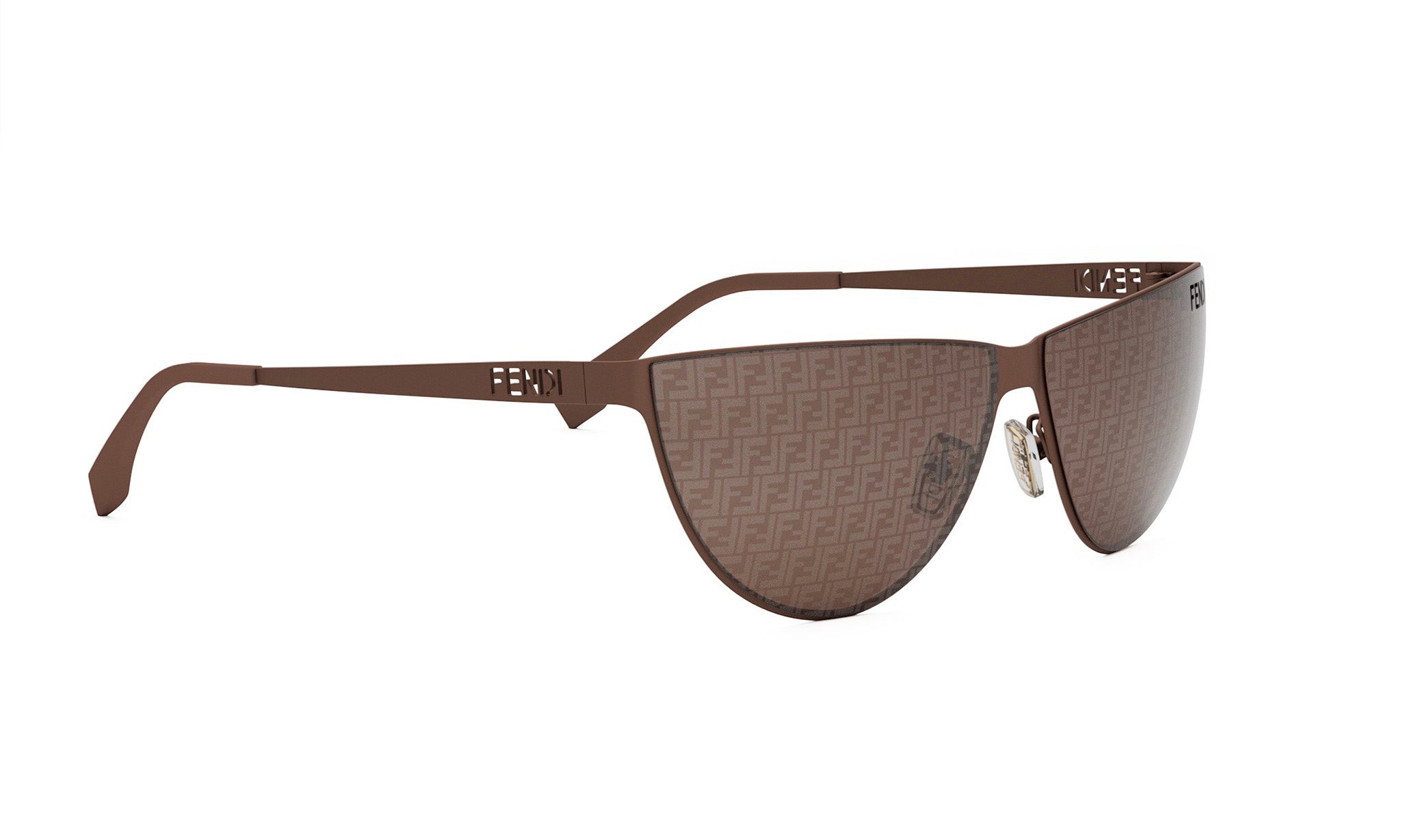 A pair of brown sunglasses with a distinctive Fendi logo on the temples.