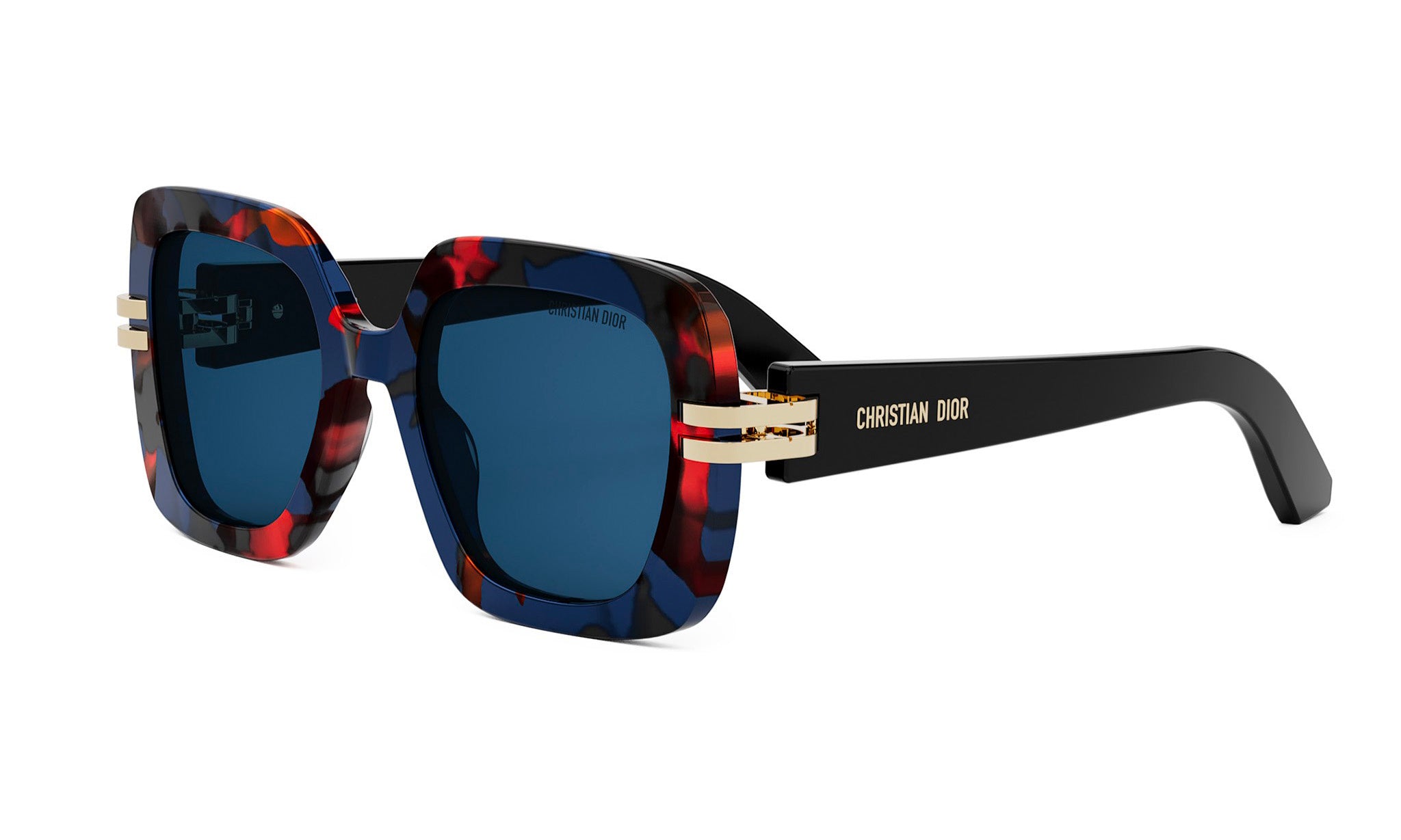 A pair of stylish sunglasses with a black frame and blue lenses.