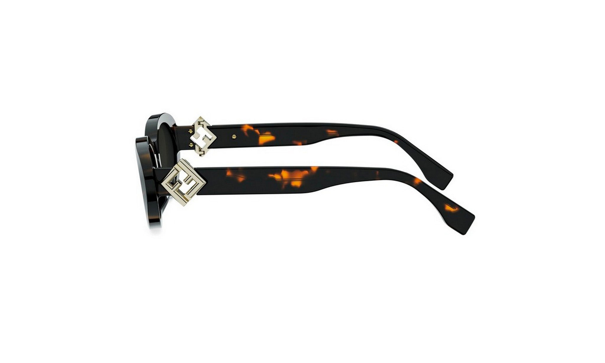 A pair of stylish sunglasses with a tortoiseshell frame and a black strap adorned with a geometric pattern.