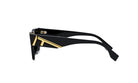 A pair of black sunglasses with gold accents, featuring a distinctive logo on the frame.