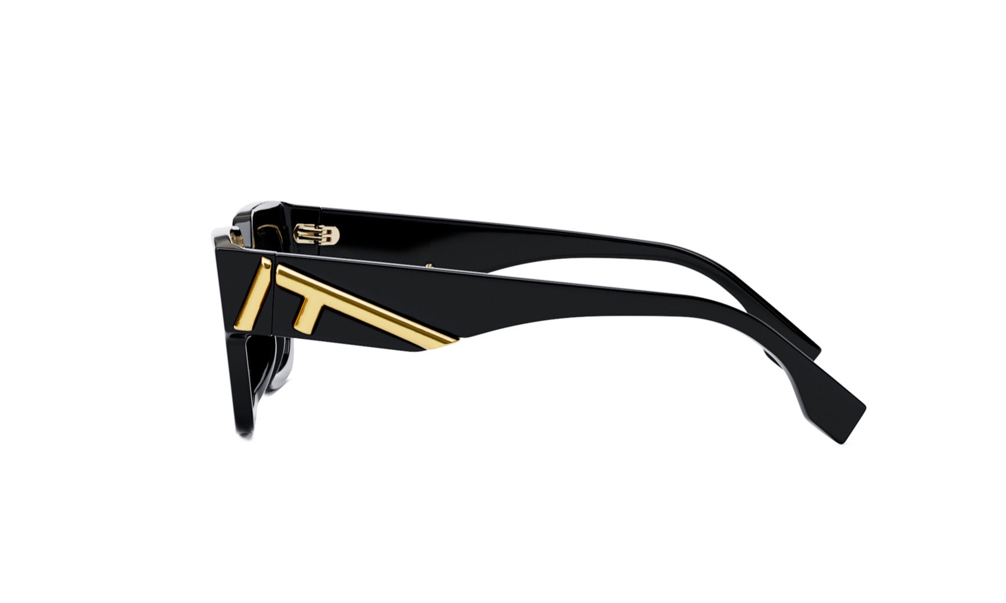 A pair of black sunglasses with gold accents, featuring a distinctive logo on the frame.