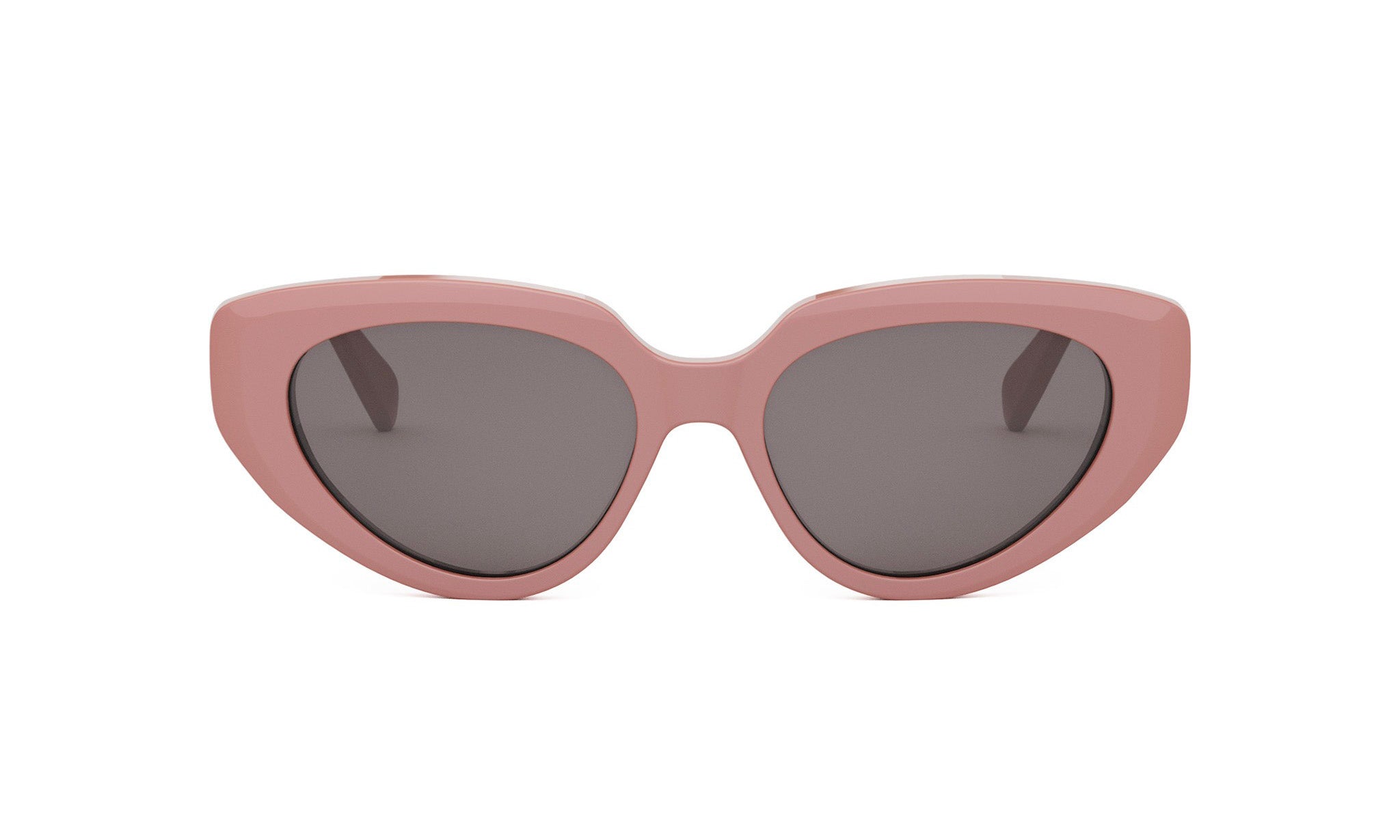 A pair of pink cat-eye sunglasses with dark lenses.