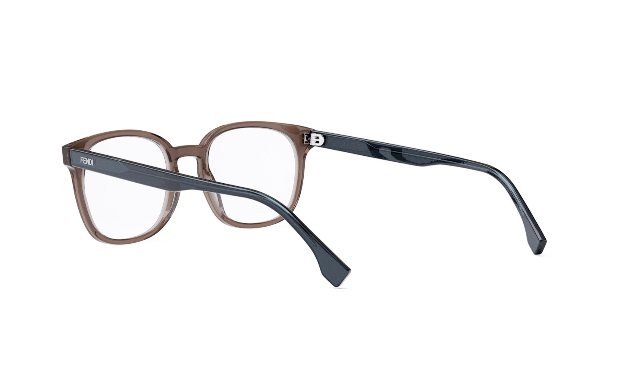 A pair of brown-framed glasses with a black frame, featuring a Fendi logo on the temple.