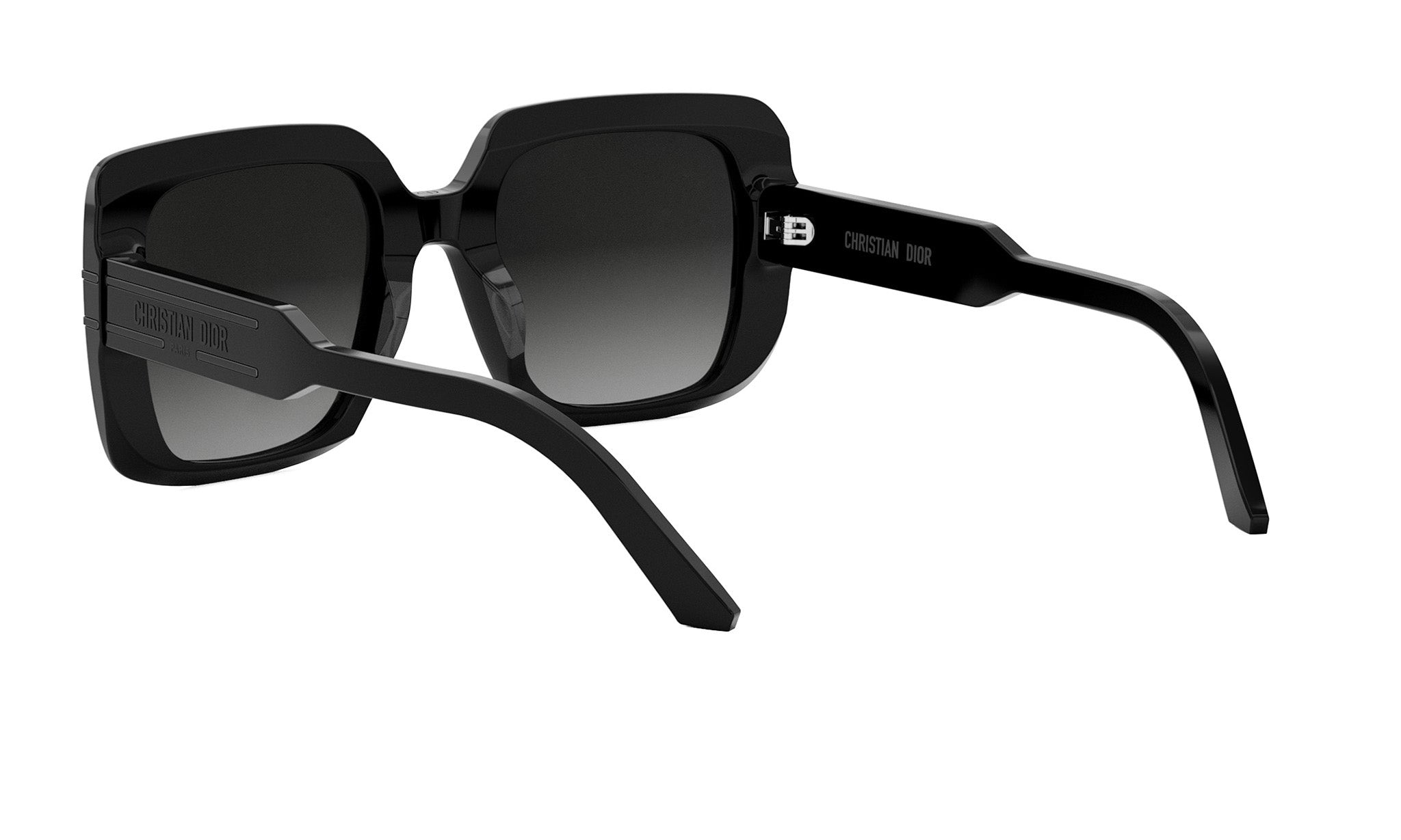 A pair of black sunglasses with the Christian Dior logo visible on the frame.