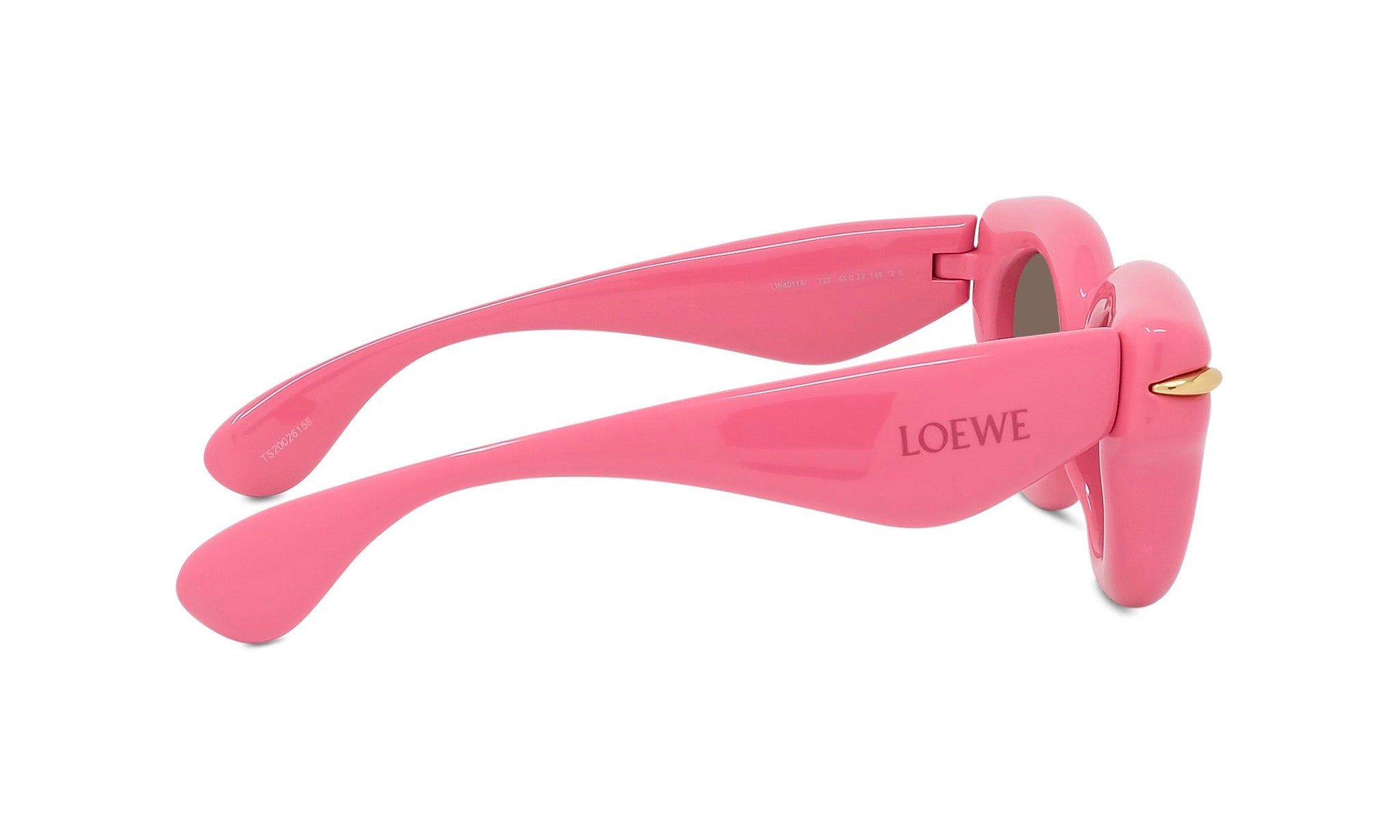 A pair of pink sunglasses with the LEOWE brand name visible on the frame.