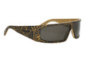 A pair of stylish sunglasses with a leopard print frame and dark lenses.