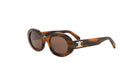 A pair of brown tortoiseshell sunglasses with a white logo on the frame.