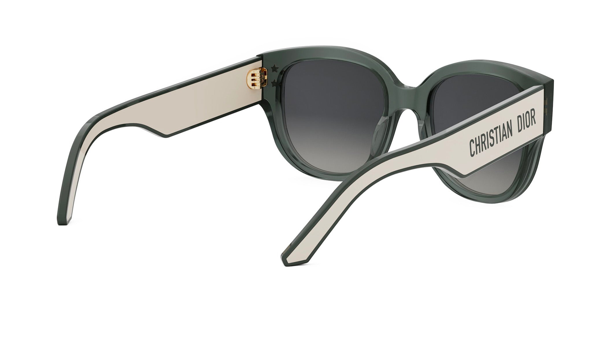 A pair of green-framed sunglasses with the brand name "Christian Dior" printed on the side.