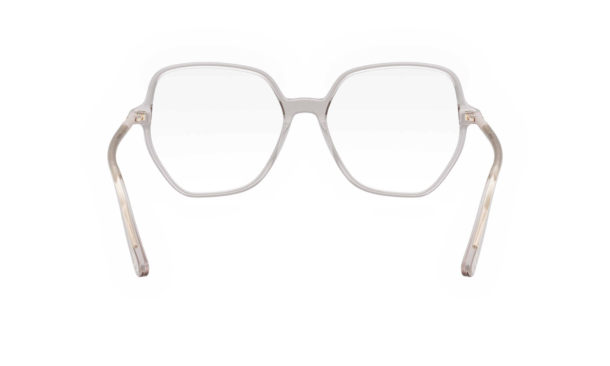 A pair of clear, hexagonal-shaped glasses with a silver frame.