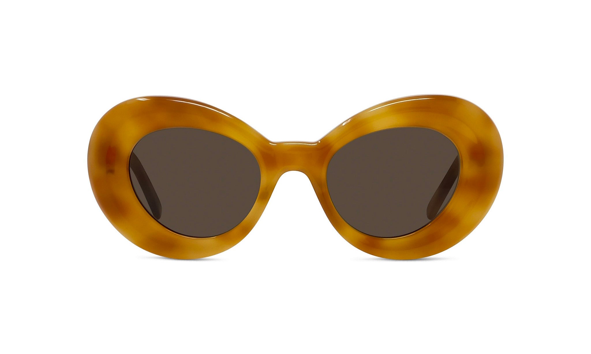 A pair of stylish sunglasses with a round frame and dark lenses.