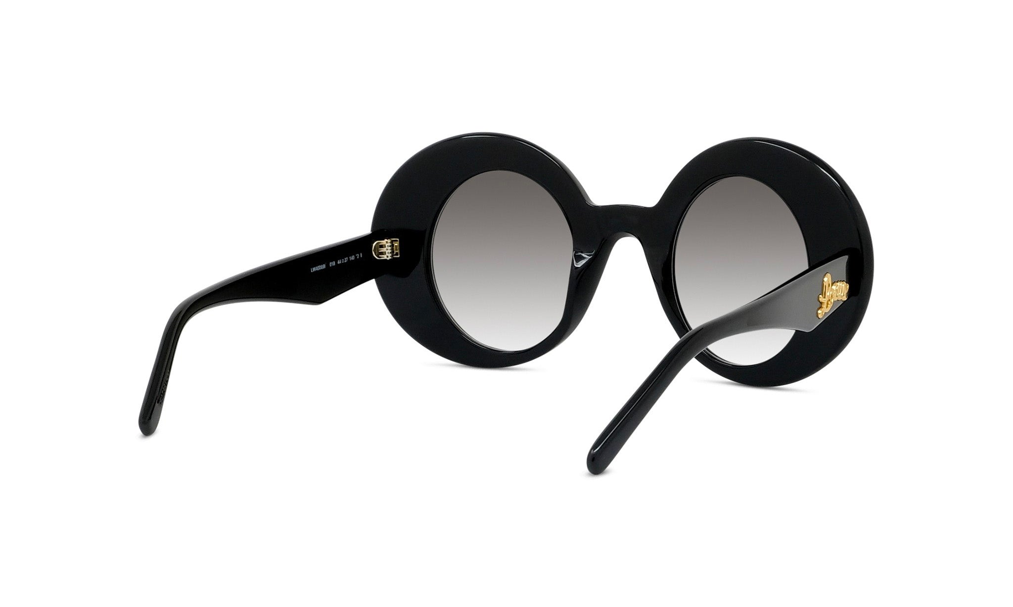 A pair of black round sunglasses with gold accents.