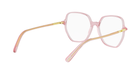 A pair of pink-framed glasses with gold accents, positioned on a white background.