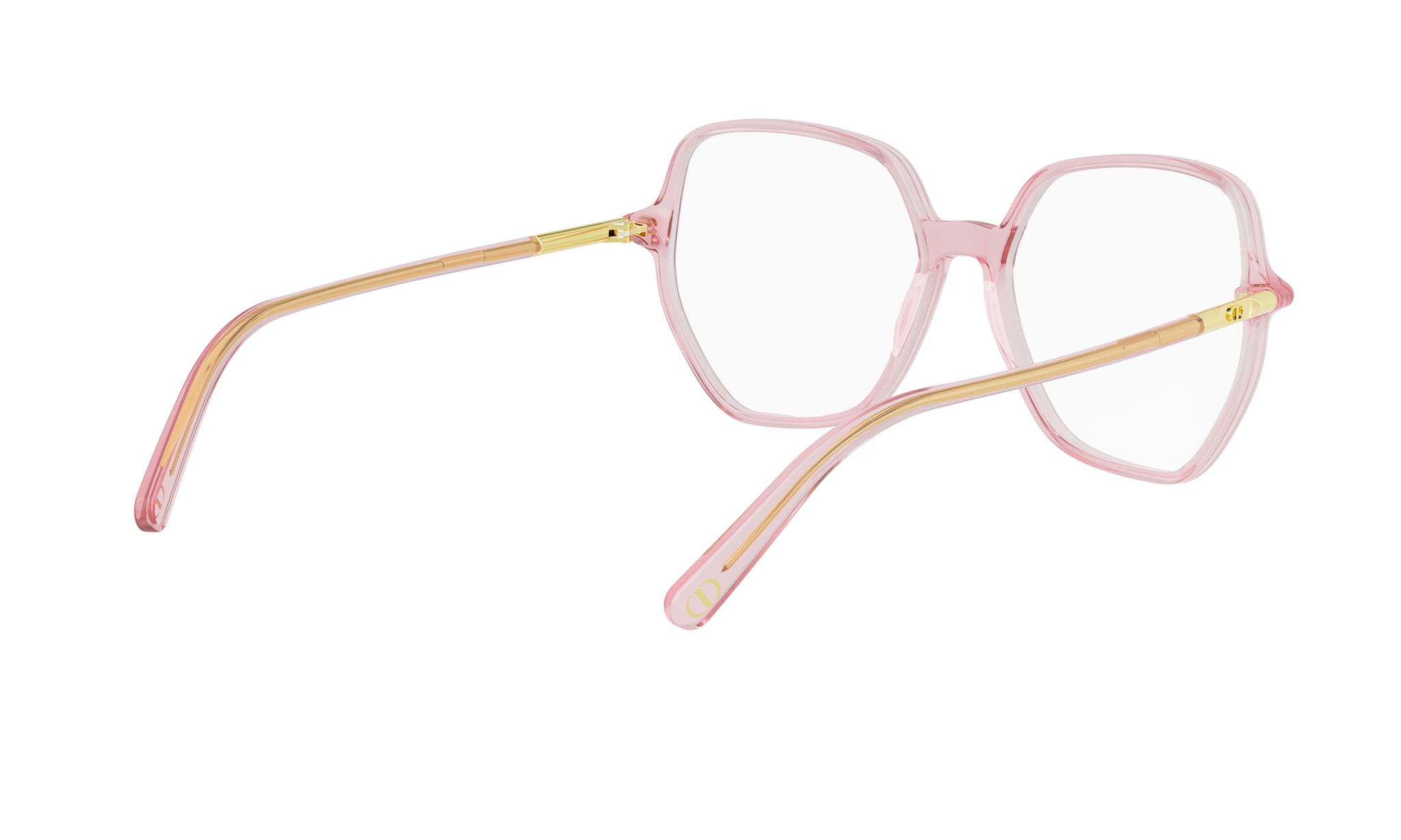 A pair of pink-framed glasses with gold accents, positioned on a white background.