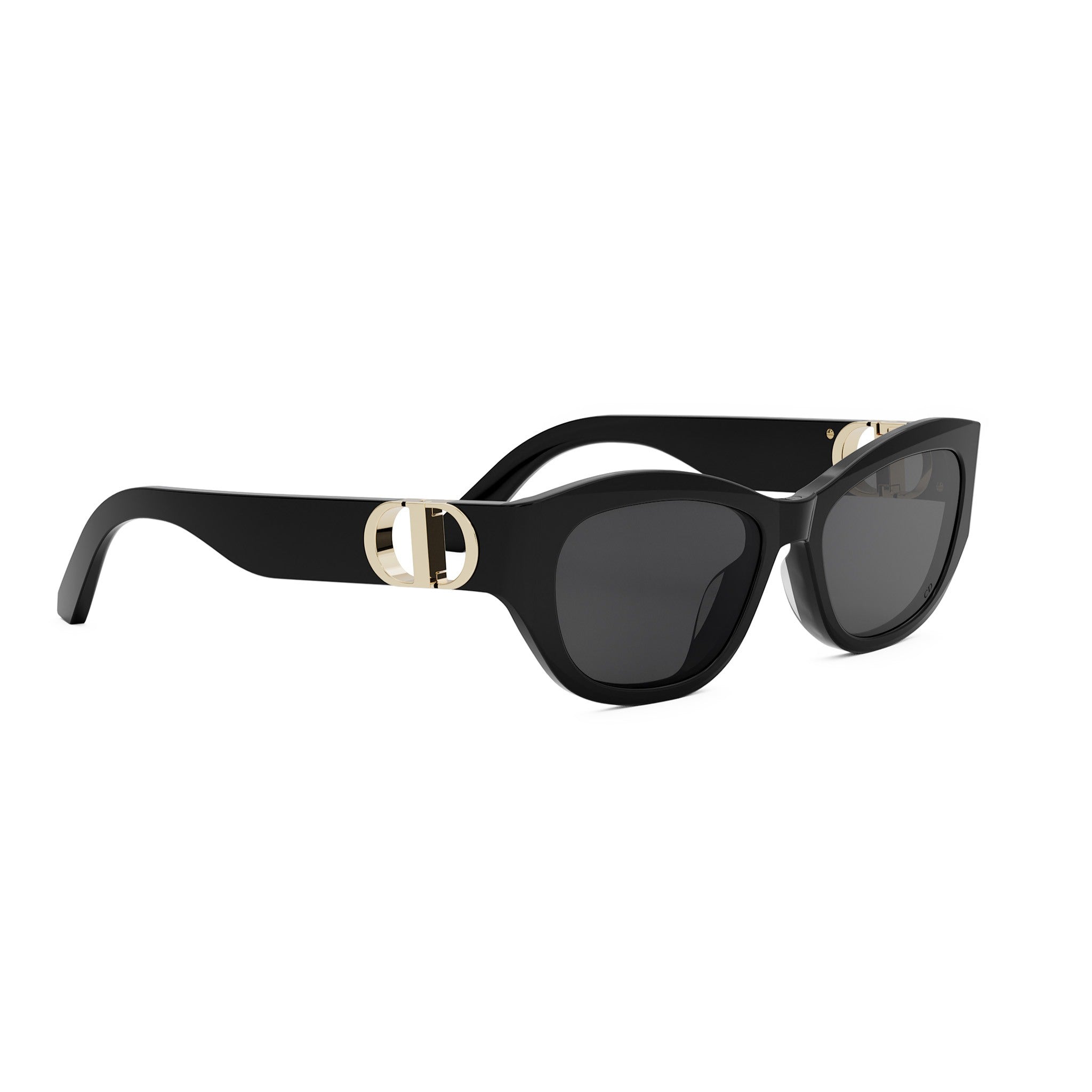 A pair of black sunglasses with a gold-colored accent detail.