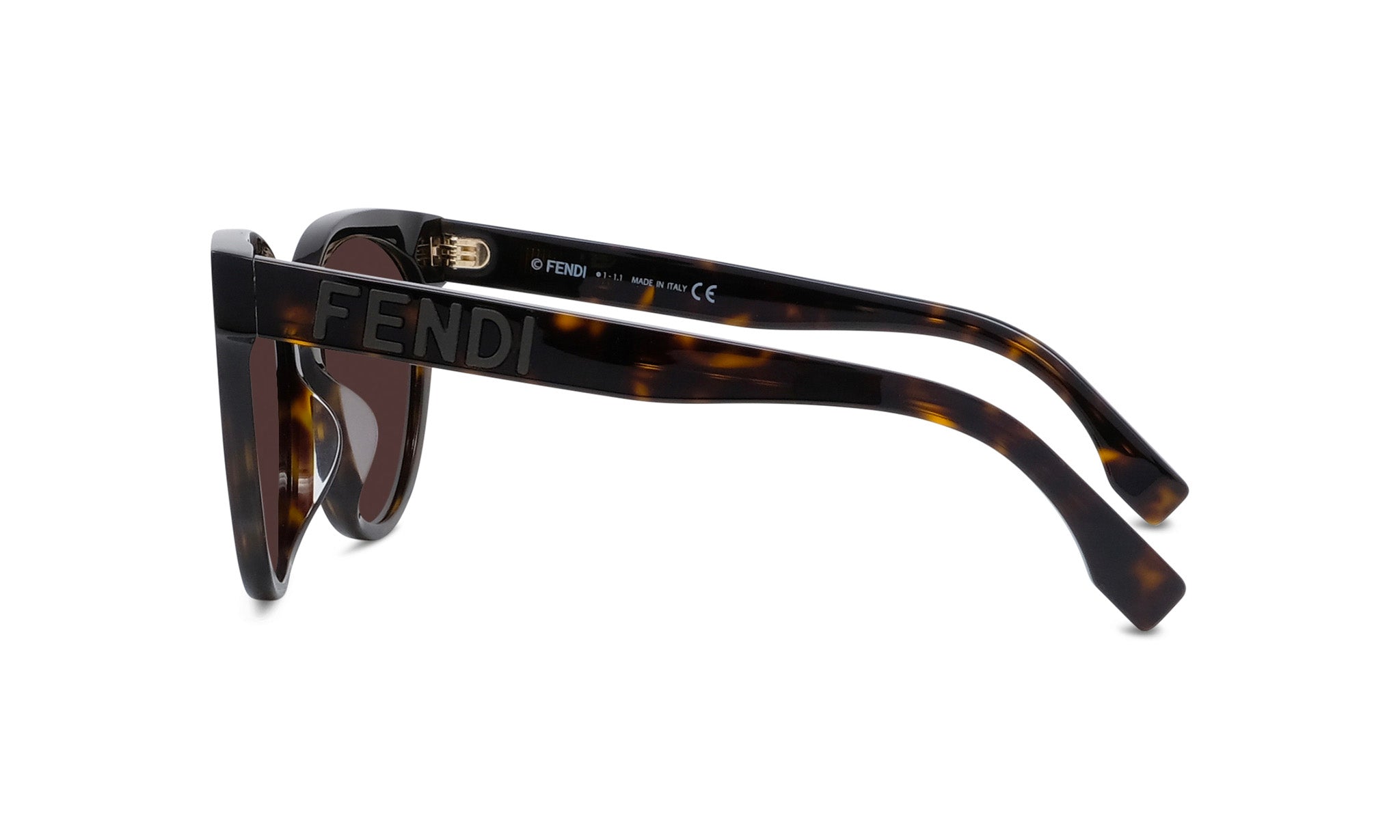 A pair of dark-framed sunglasses with the Fendi logo prominently displayed on the frame.