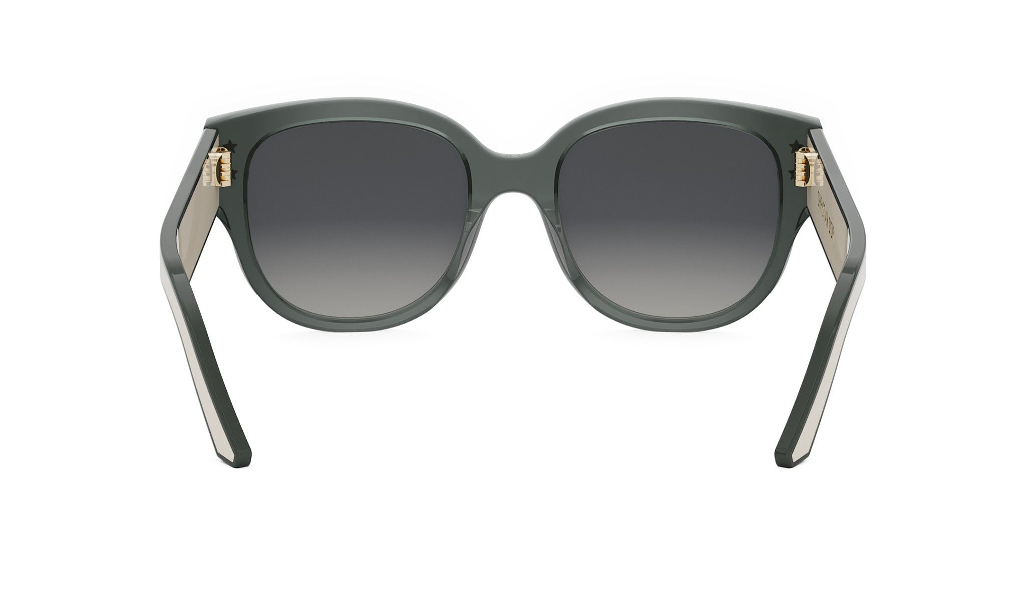 A pair of stylish sunglasses with a dark green frame and a gradient lens.