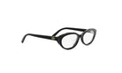 A pair of black cat-eye framed glasses with a gold logo on the temples.