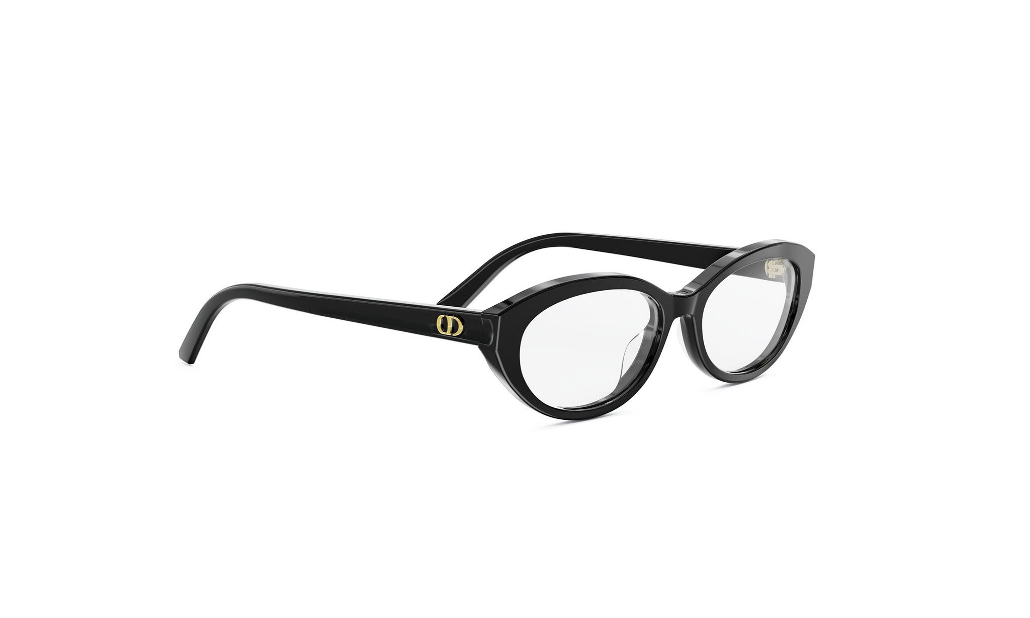A pair of black cat-eye framed glasses with a gold logo on the temples.