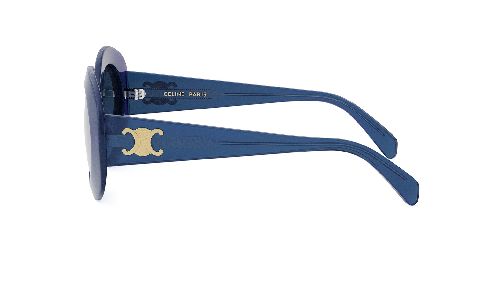 A pair of blue sunglasses with a gold Celine Paris logo on the frame.