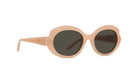 A pair of round sunglasses with dark lenses.