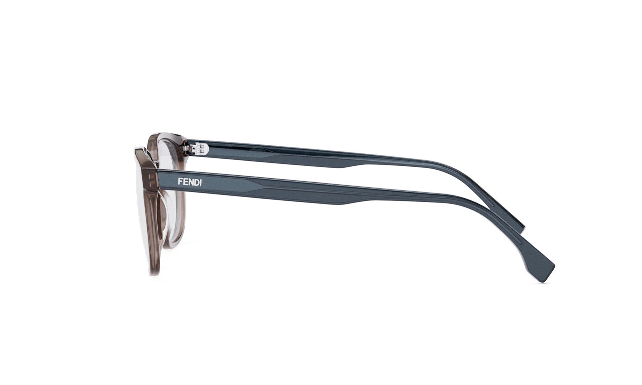 A pair of dark-framed glasses with a Fendi logo on the temples.