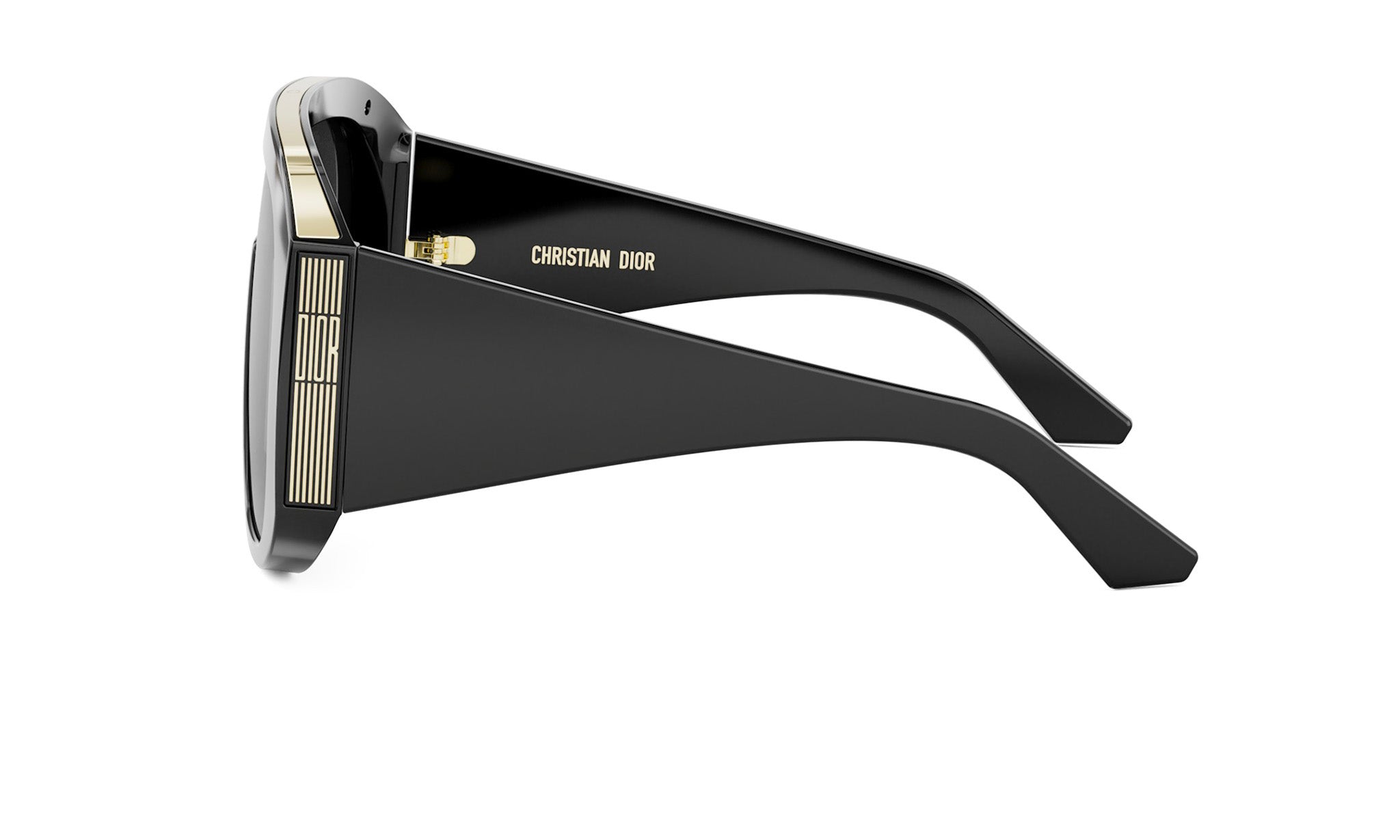 A pair of black sunglasses with gold accents and the name "Christian Dior" printed on the frame.