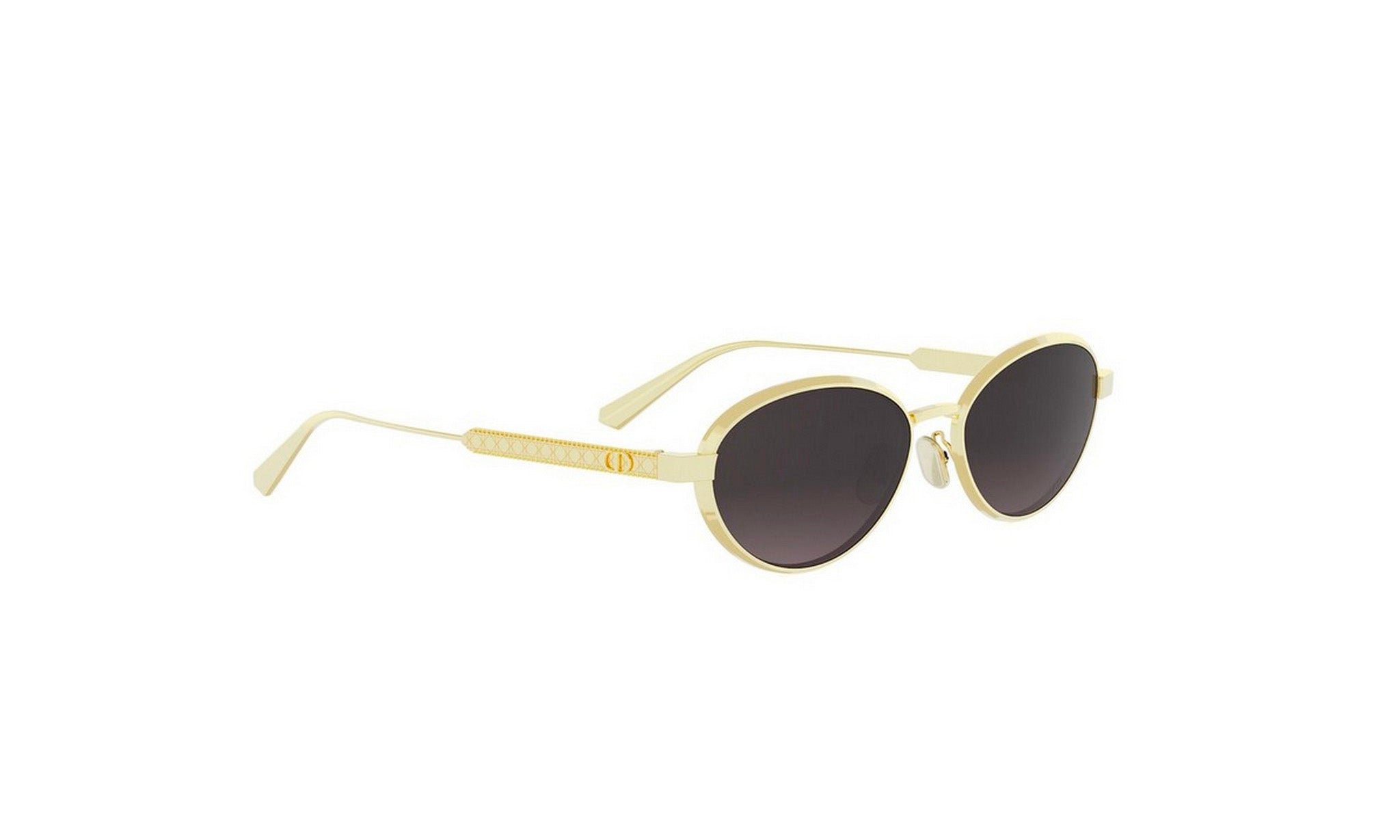 A pair of round sunglasses with a gold frame and dark lenses.