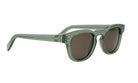 A pair of green-framed sunglasses with dark lenses.