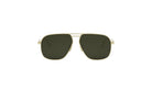 A pair of aviator sunglasses with dark lenses and a gold frame.