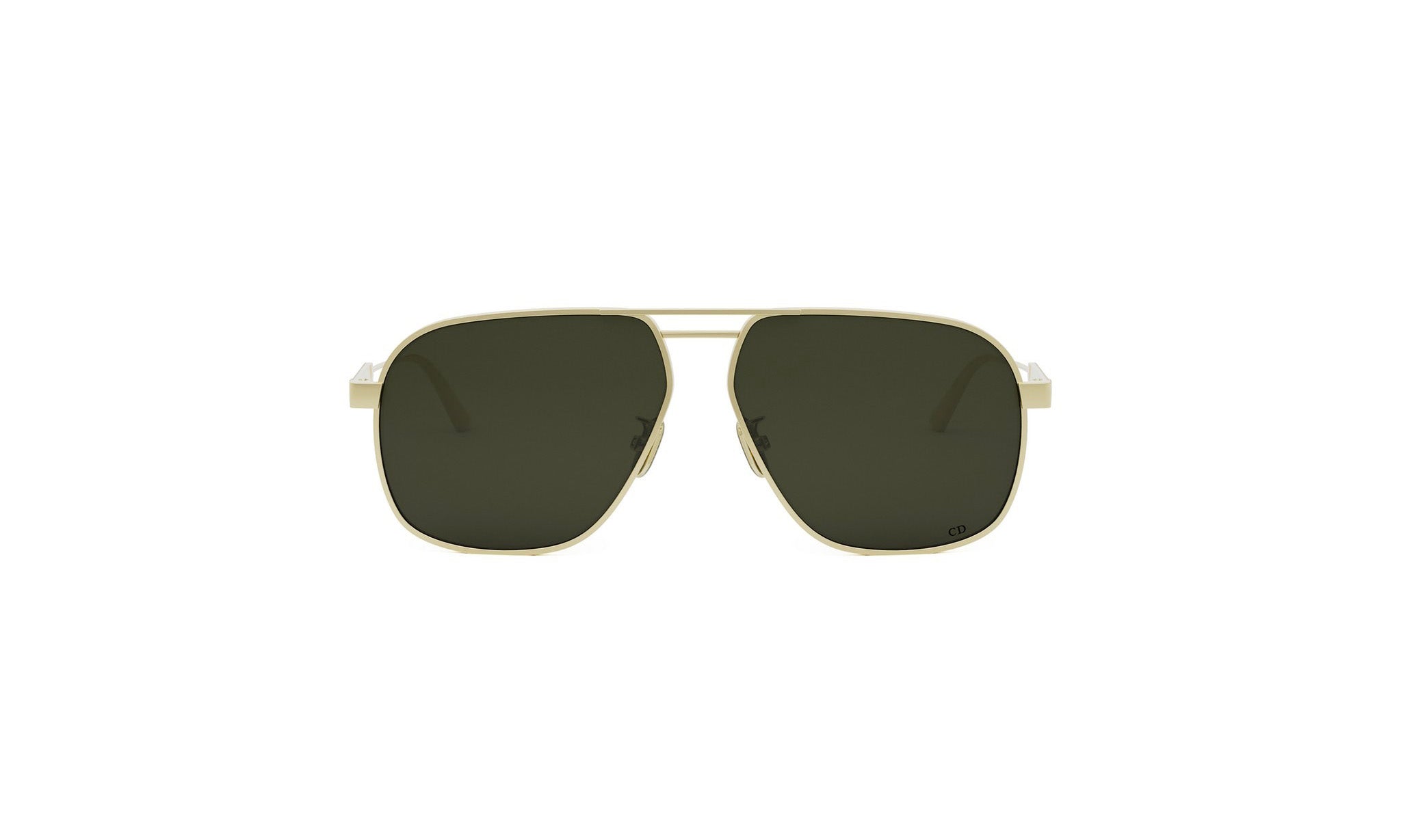 A pair of aviator sunglasses with dark lenses and a gold frame.