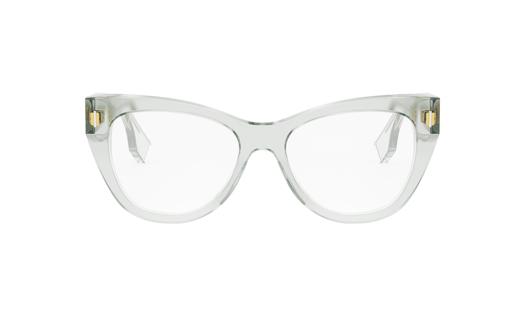 A pair of clear, cat-eye-shaped glasses with gold accents.