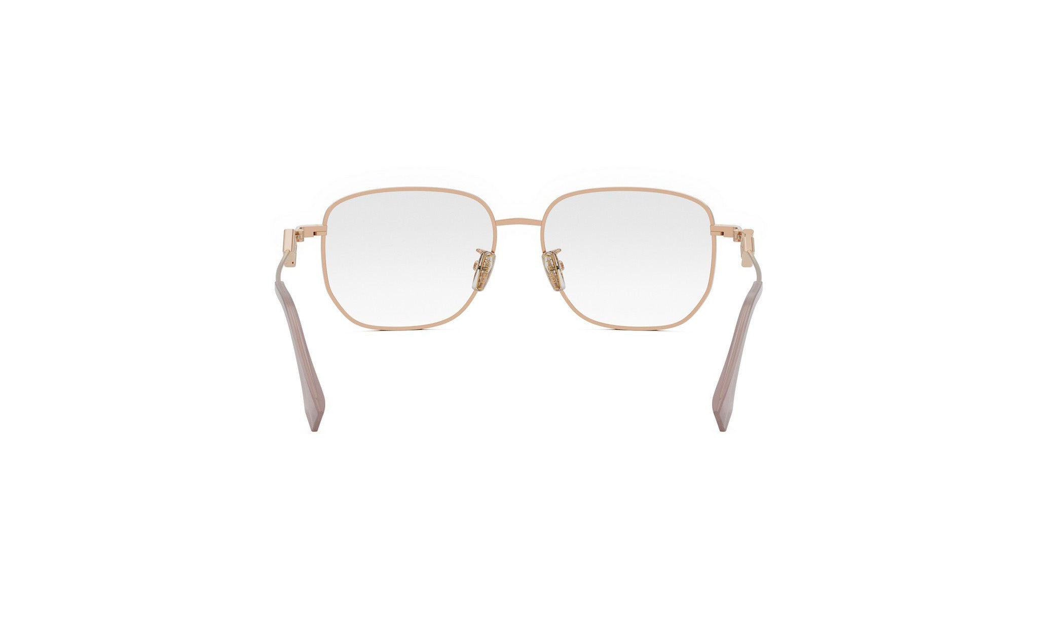 A pair of gold-colored, square-framed glasses with clear lenses.