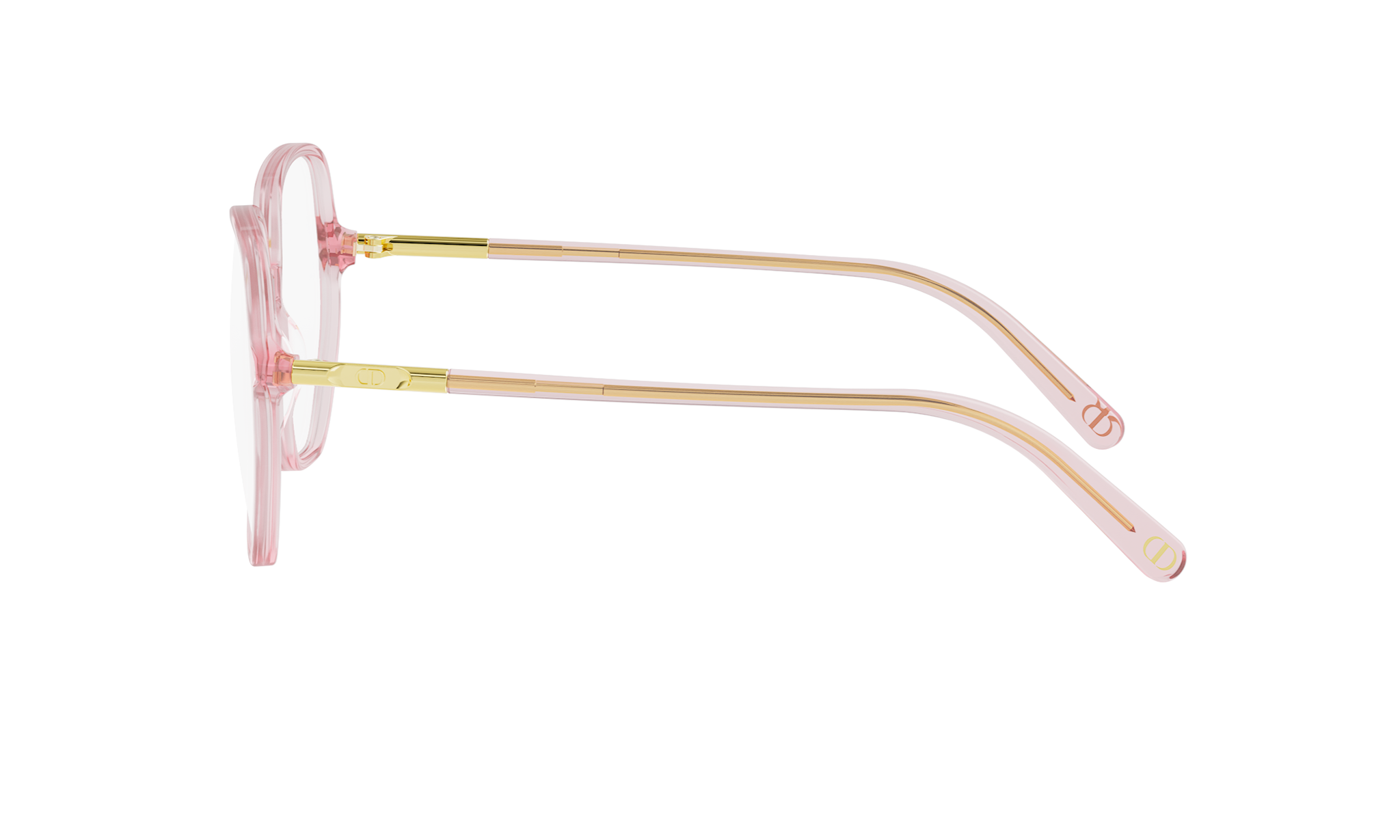 A pair of pink-framed glasses with gold accents, positioned side by side against a white background.