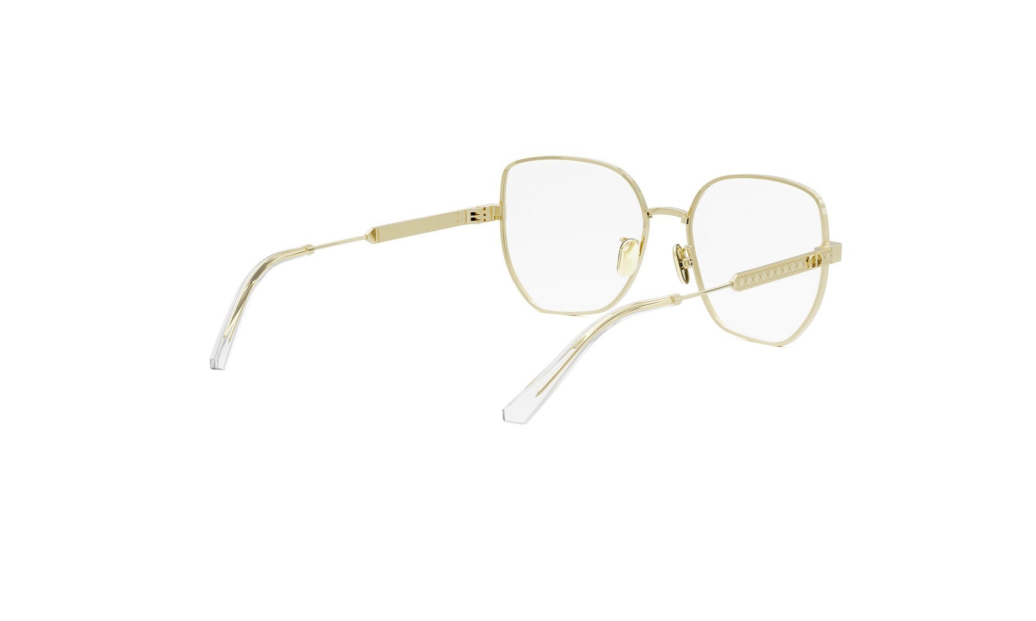 A pair of gold-colored, square-framed glasses with clear lenses.