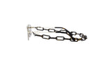 A pair of sunglasses with a chain strap, featuring a silver frame and dark brown chain links.