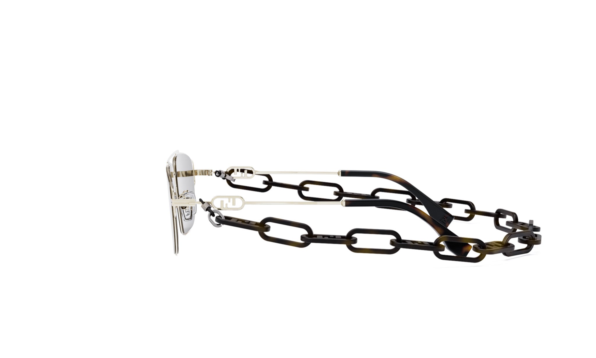 A pair of sunglasses with a chain strap, featuring a silver frame and dark brown chain links.