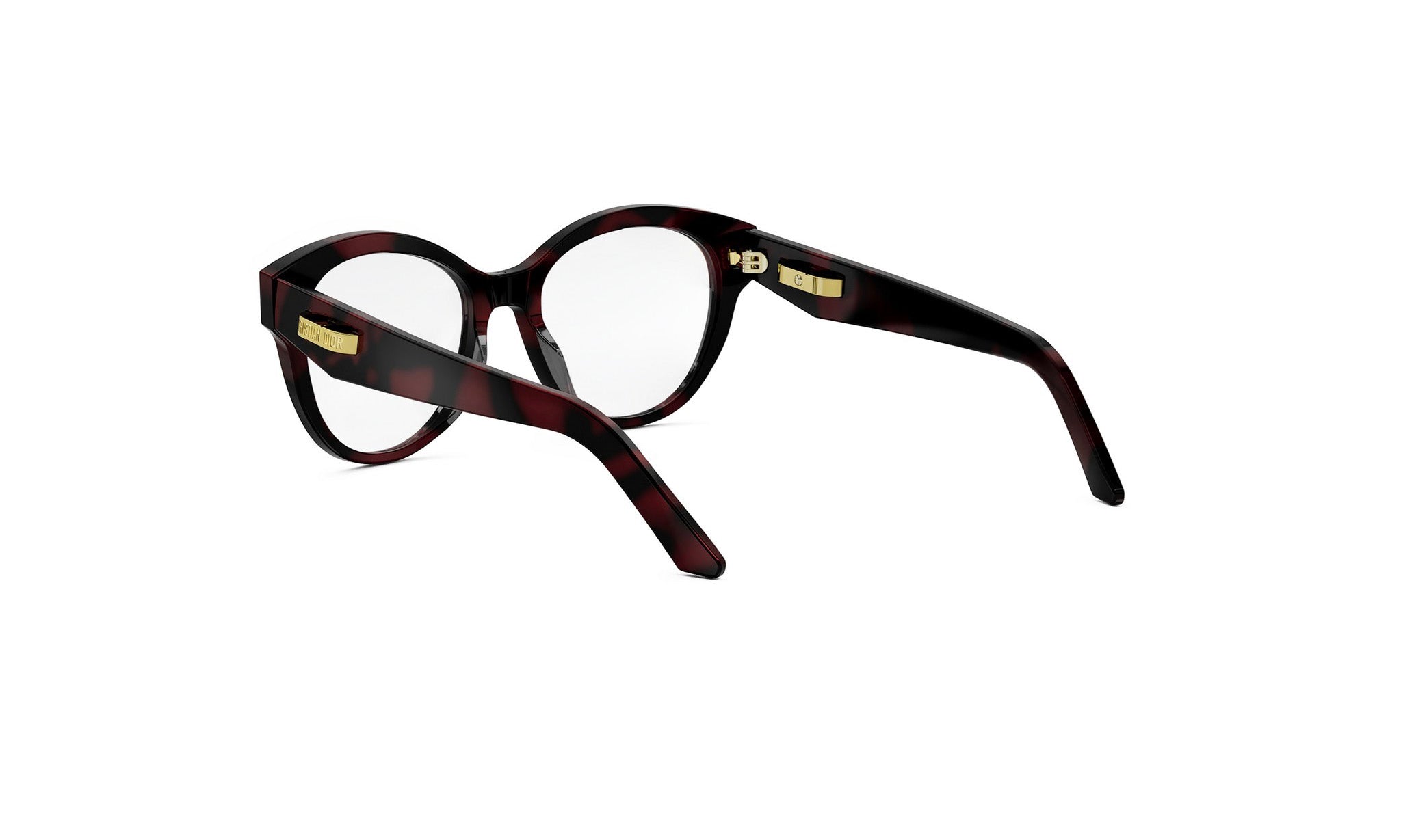 A pair of stylish, tortoiseshell-framed glasses with dark red temples and clear lenses.