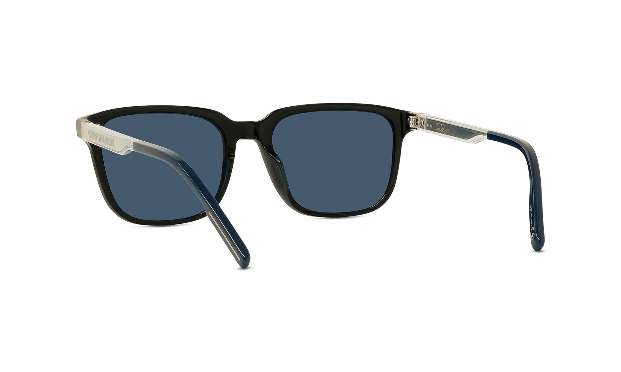 A pair of black sunglasses with blue lenses, featuring a sleek and modern design.