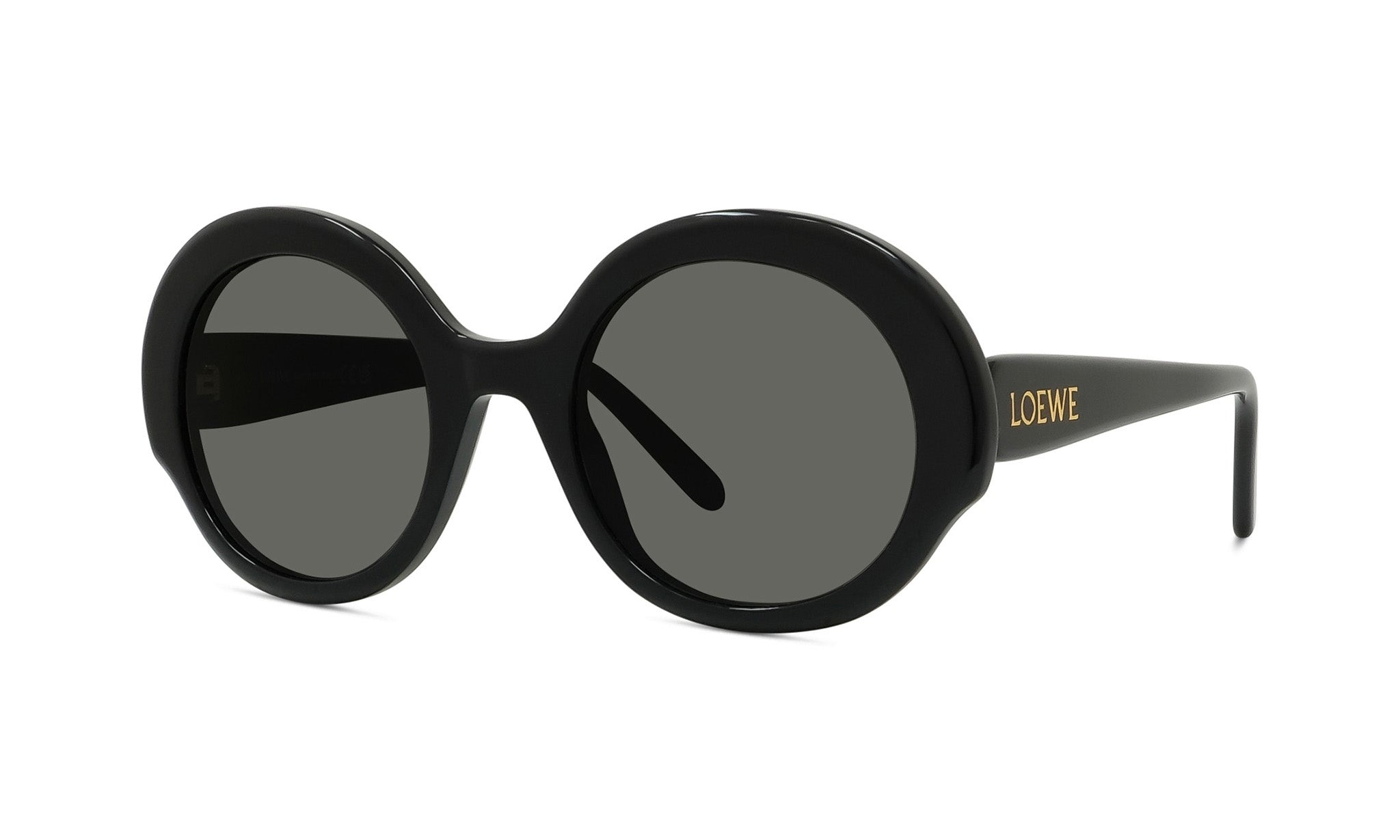 A pair of black round sunglasses with the word "LOEVE" printed on the side.