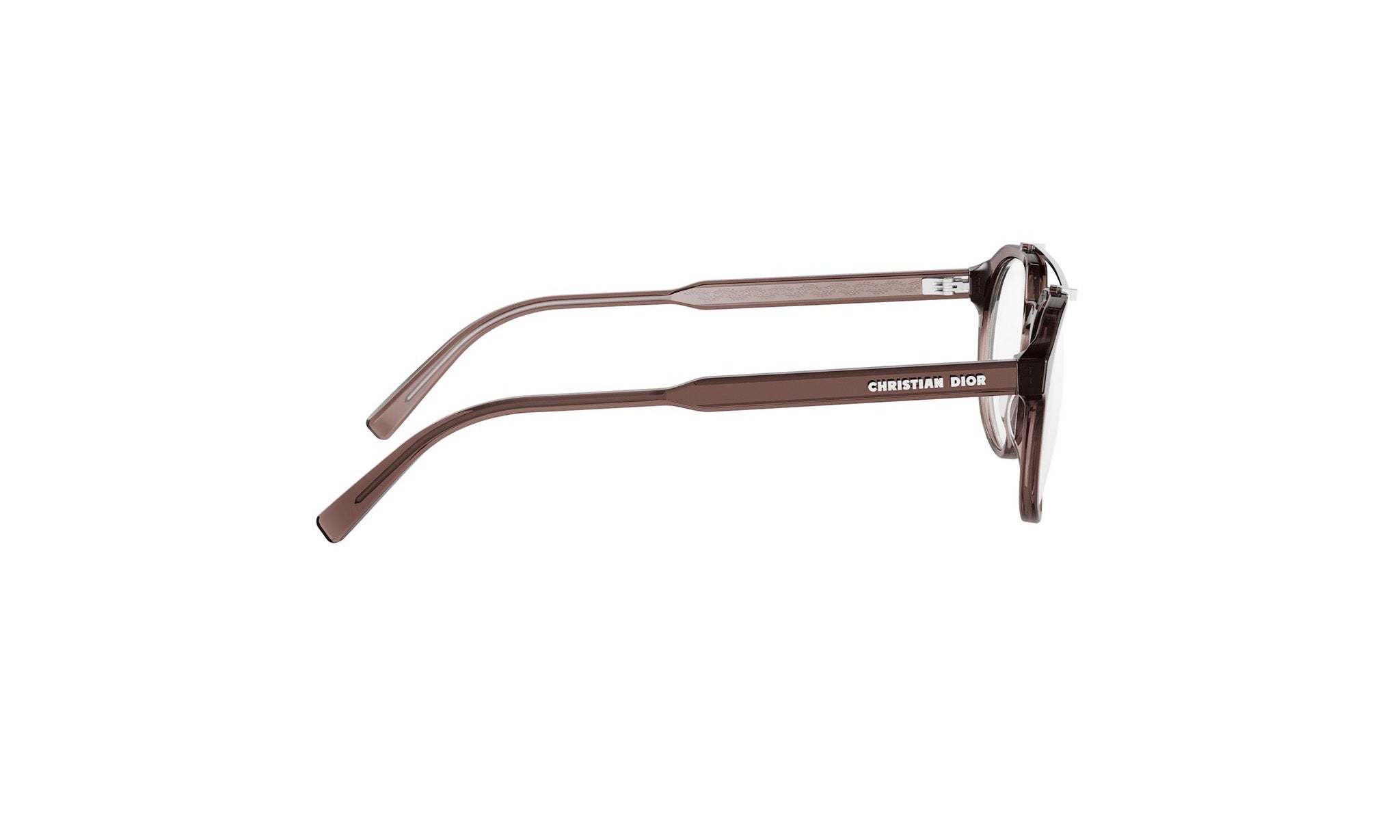 A pair of brown-framed glasses with the brand name "Christian Dior" printed on the side.