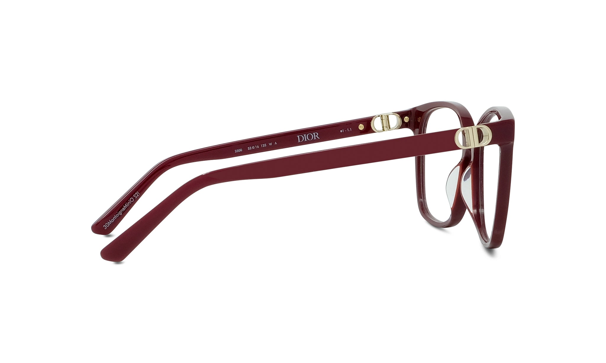 A pair of burgundy-colored Dior-branded eyeglasses with gold accents.