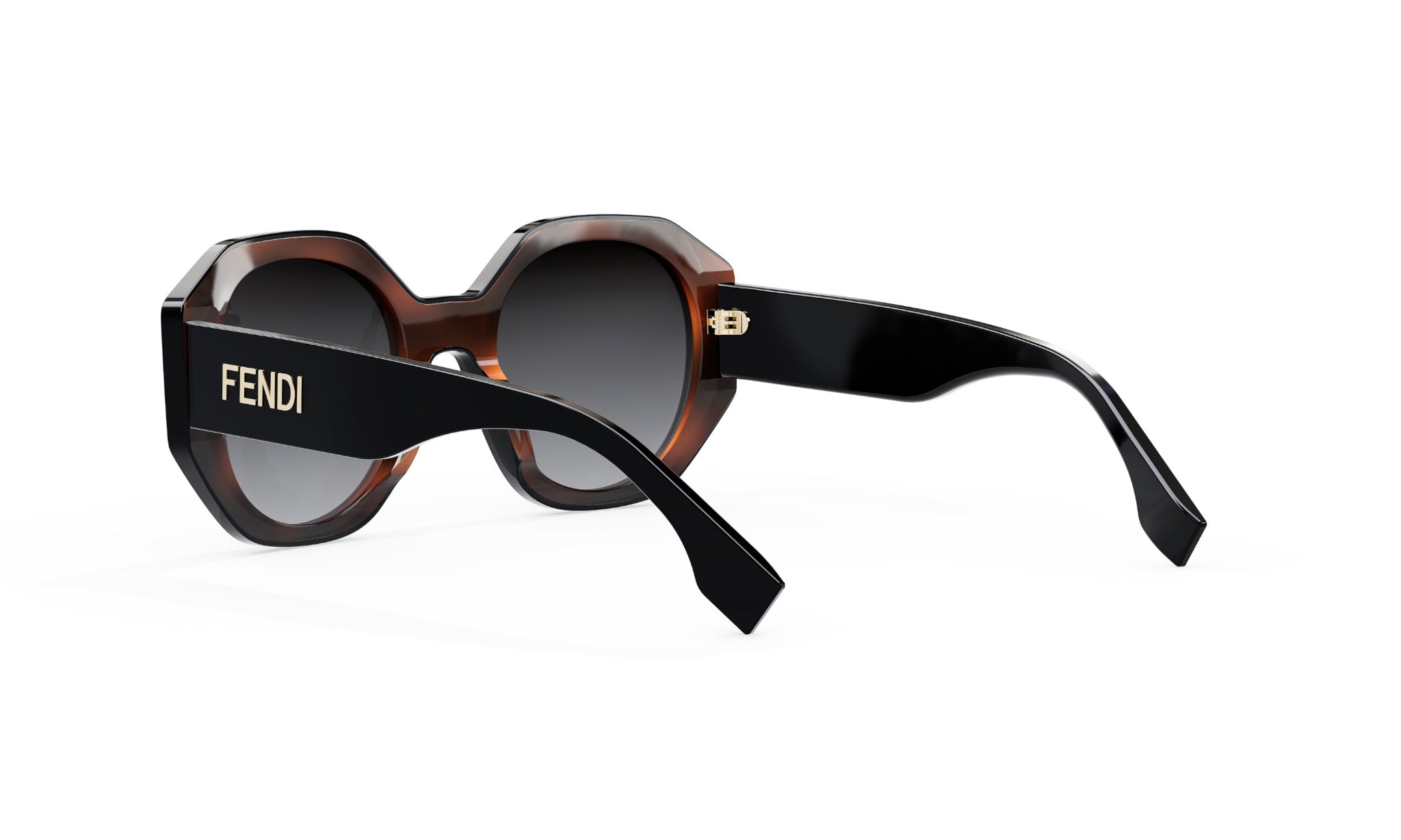 A pair of Fendi sunglasses with a dark brown frame and black lenses.