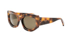 A pair of stylish sunglasses with a tortoiseshell frame and dark lenses.