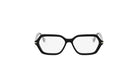 A pair of black-framed glasses with clear lenses, set against a white background.